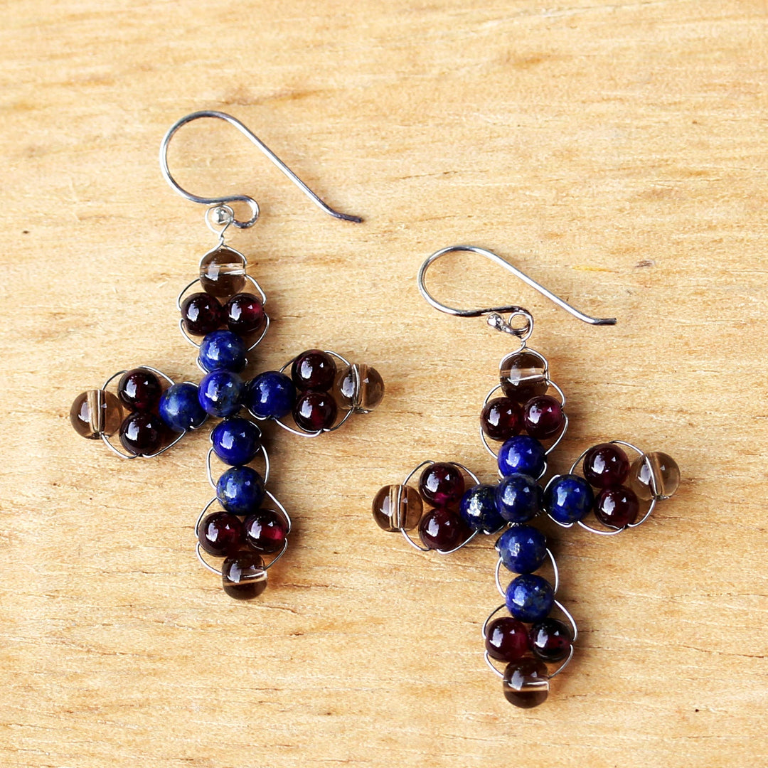 Garnet and Lapis Lazuli Cross Earrings from Thailand - Cross of Hope