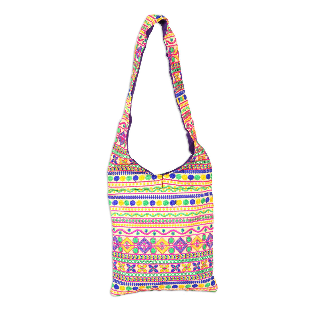 Multi-Colored Geometric Embroidered Striped Sling Handbag - Beige Floral Fantasy