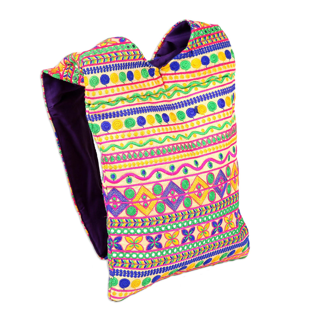 Multi-Colored Geometric Embroidered Striped Sling Handbag - Beige Floral Fantasy