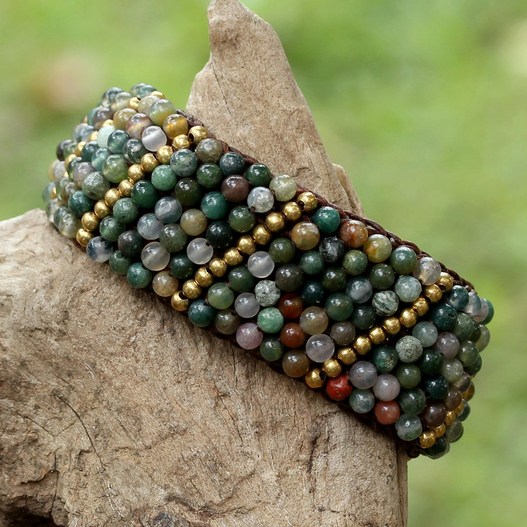 Jasper and Brass Beaded Wristband Bracelet from Thailand - Thai Smile