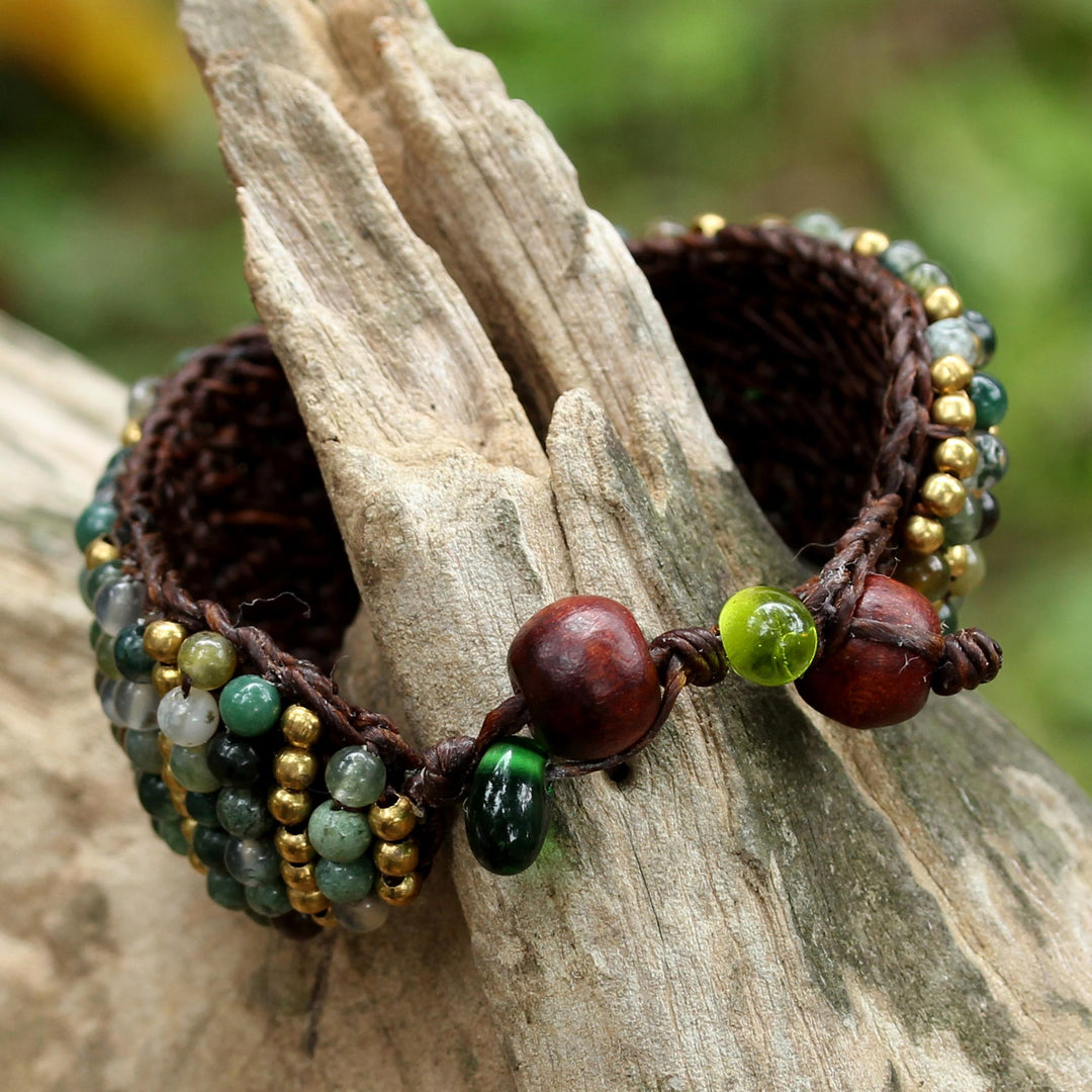 Jasper and Brass Beaded Wristband Bracelet from Thailand - Thai Smile