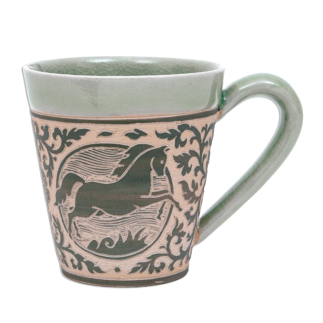Celadon Glazed Ceramic Mug with Horse from Thailand - Thai Zodiac Horse