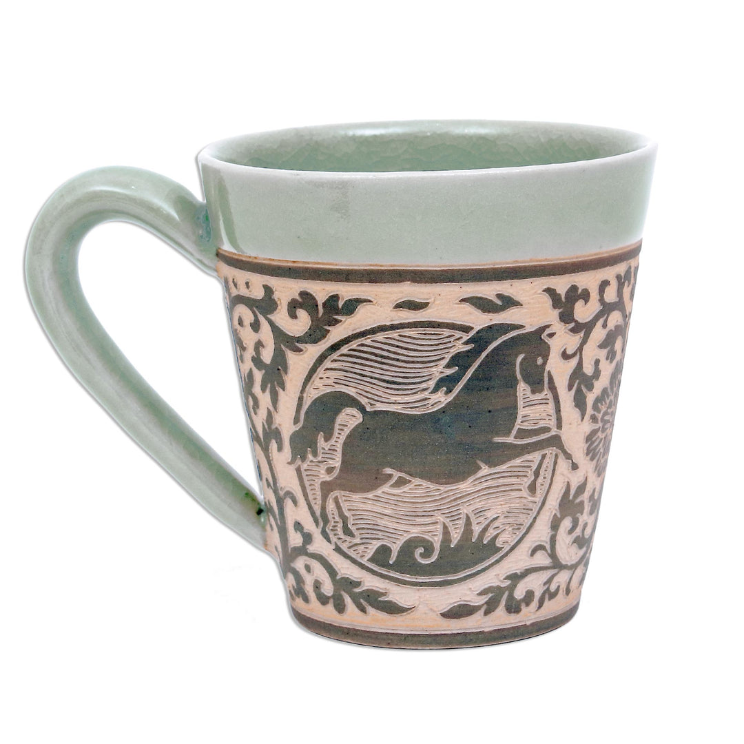 Celadon Glazed Ceramic Mug with Horse from Thailand - Thai Zodiac Horse