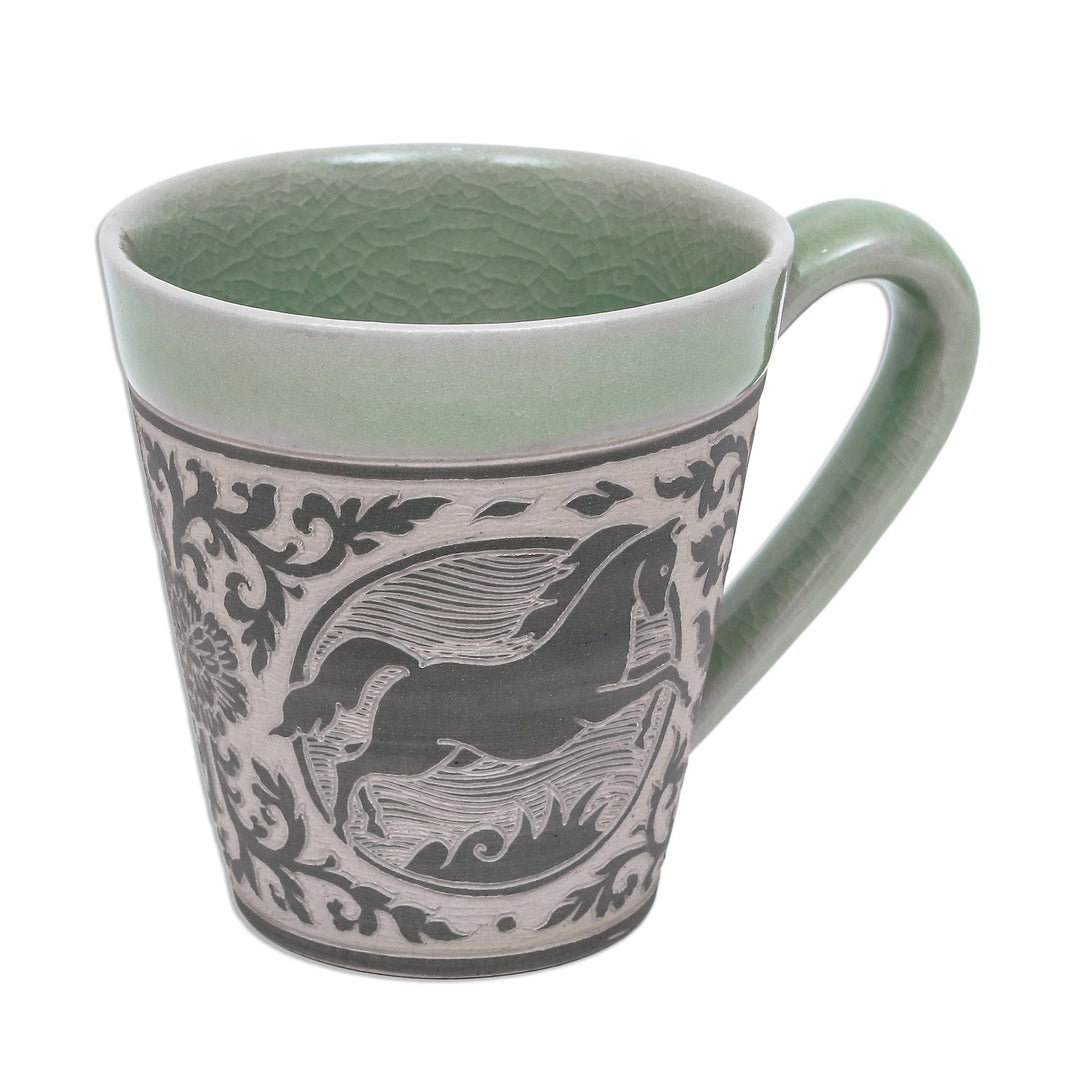 Celadon Glazed Ceramic Mug with Horse from Thailand - Thai Zodiac Horse