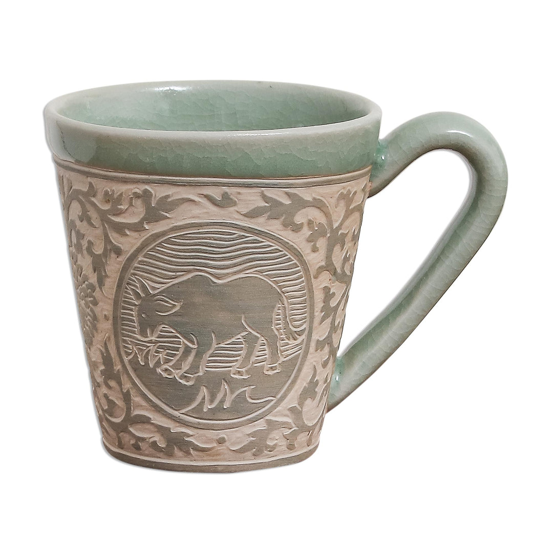 Celadon Glazed Ceramic Mug with Cow from Thailand - Thai Zodiac Cow