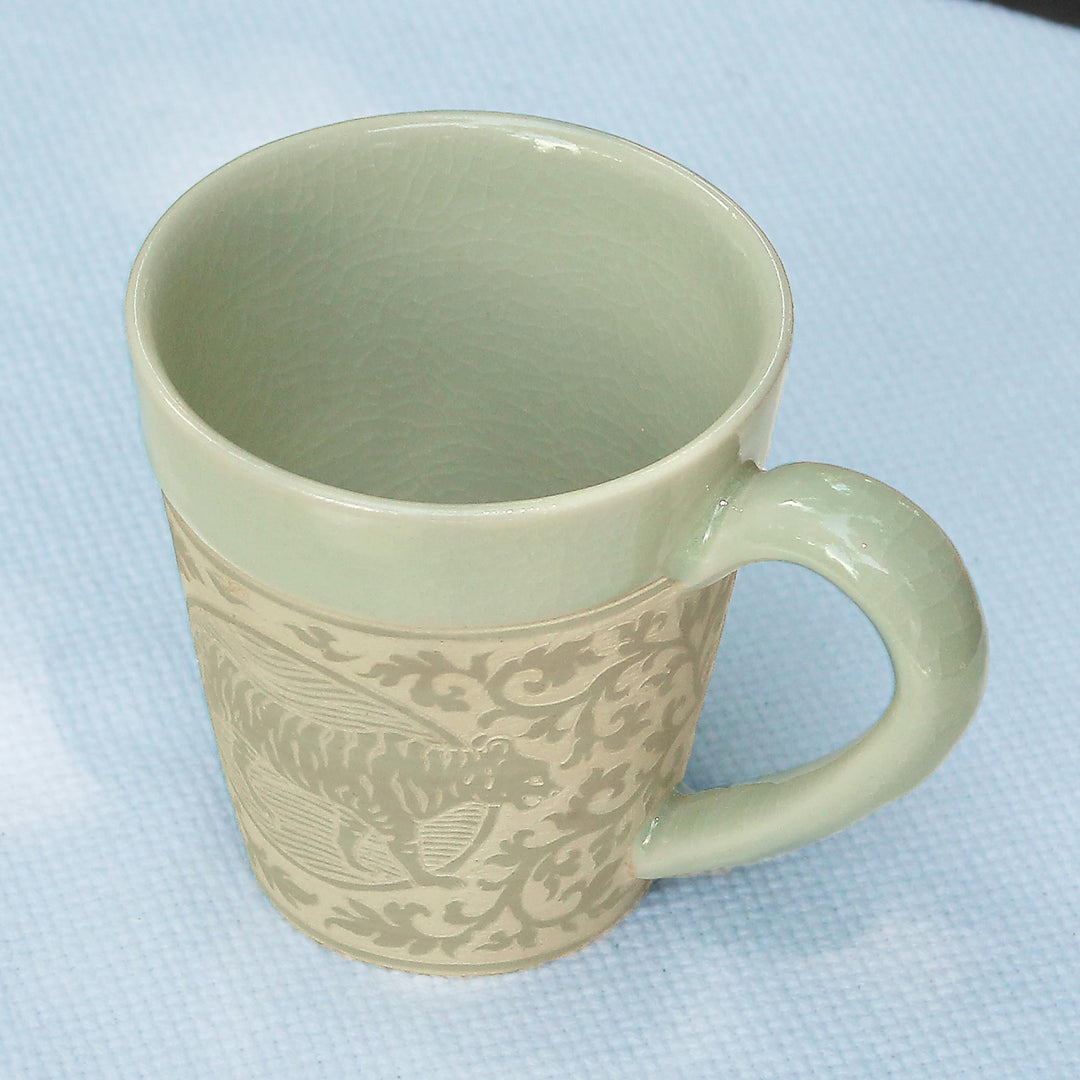 Hand Crafted Ceramic Mug with Tiger from Thailand - Thai Zodiac Tiger