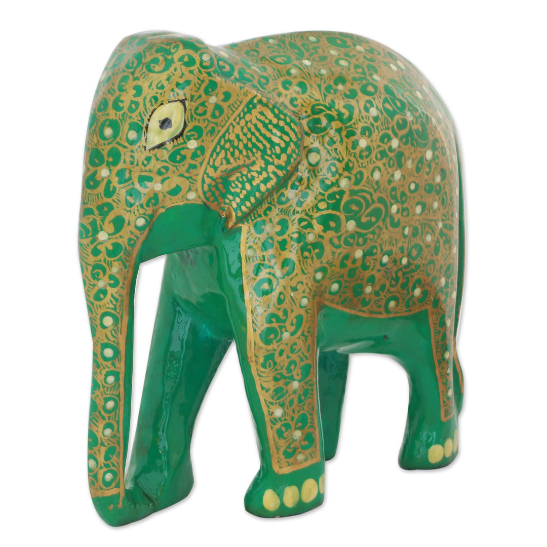 Papier Mache on Wood Green and Gold Elephant Sculpture - Wise Elephant