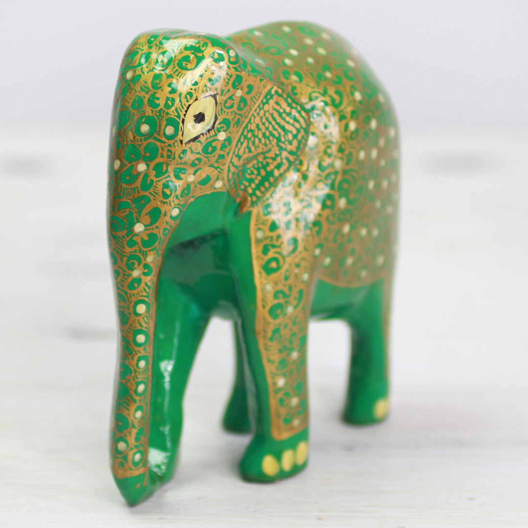 Papier Mache on Wood Green and Gold Elephant Sculpture - Wise Elephant