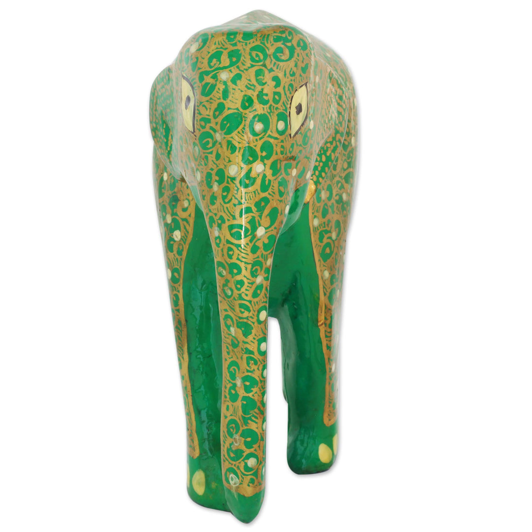 Papier Mache on Wood Green and Gold Elephant Sculpture - Wise Elephant