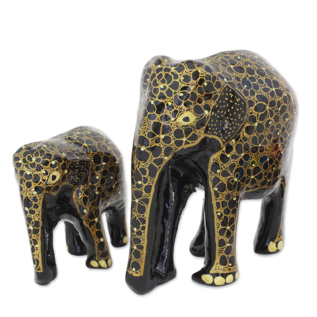 Indian Sculpture Set Wood Floral Elephant Mother and Child - Elephant Affection
