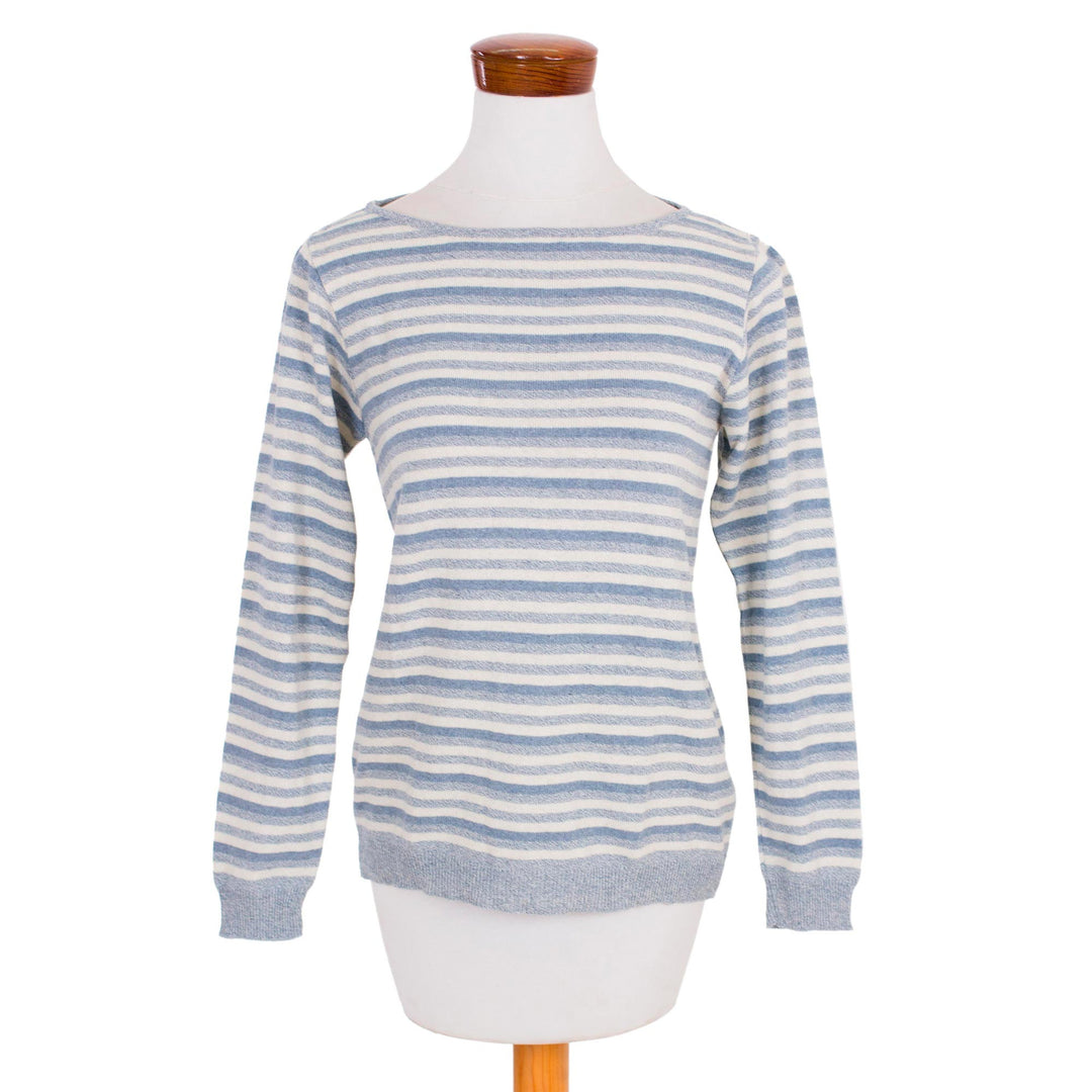 Women's Blue and Ivory Striped Soft Cotton Pullover Sweater - Wedgwood Horizon