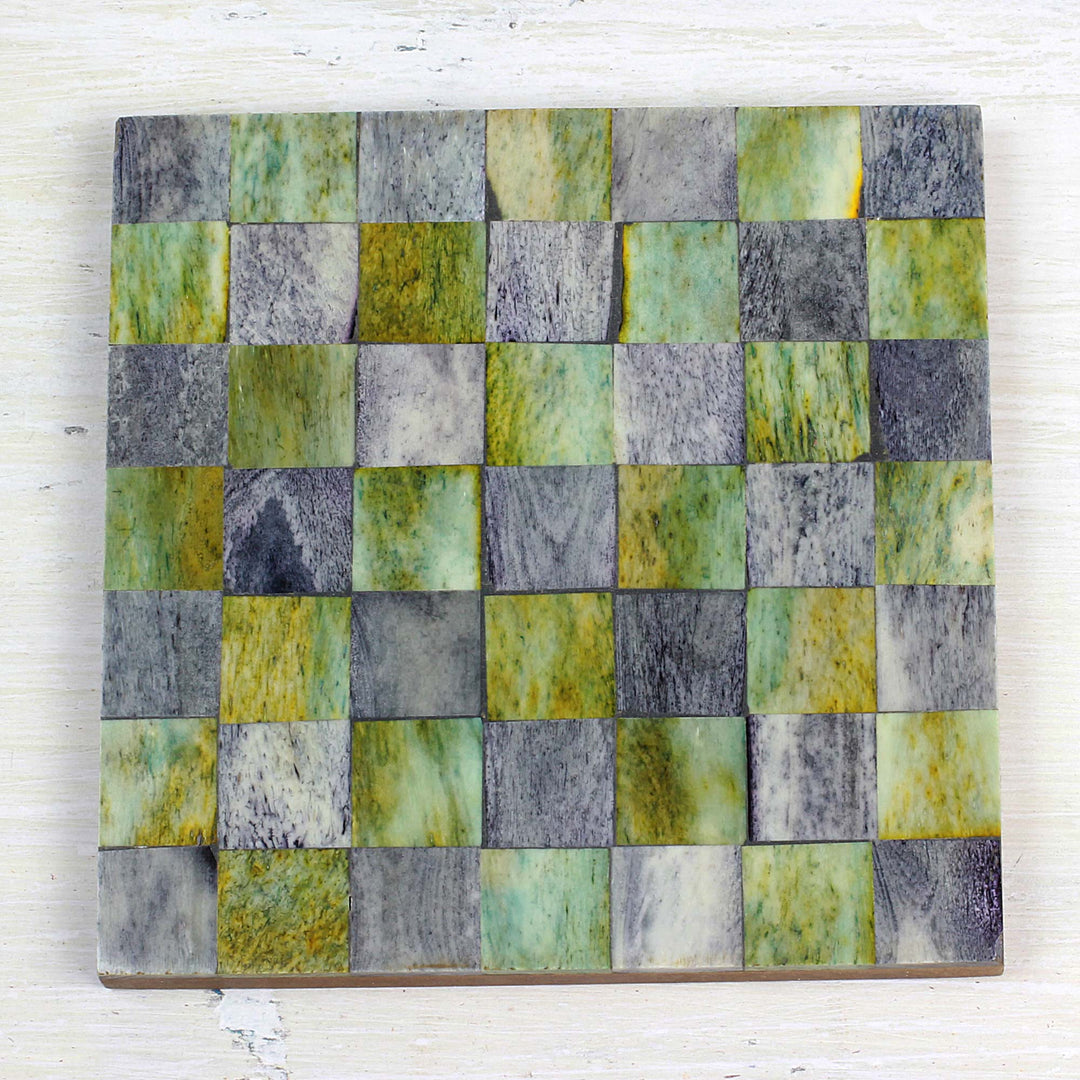 Six Green and Grey Checkerboard Bone Coasters from India - Earthy Checkers