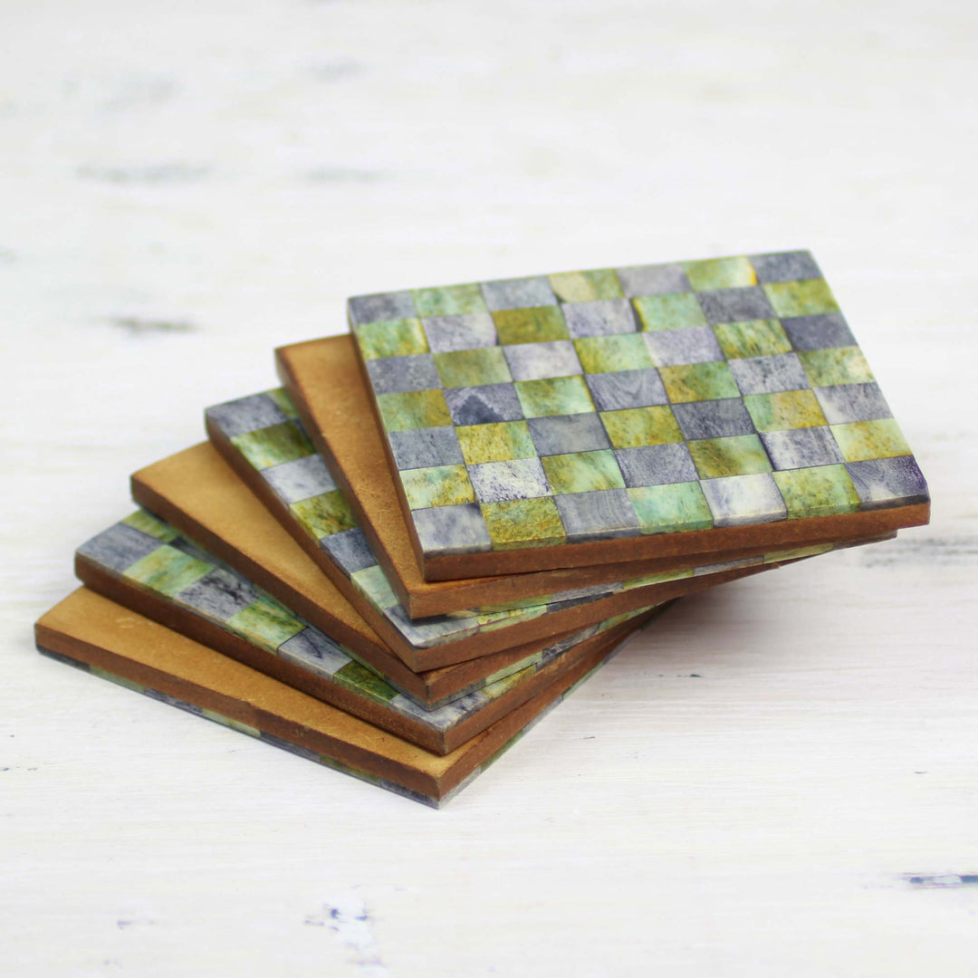 Six Green and Grey Checkerboard Bone Coasters from India - Earthy Checkers