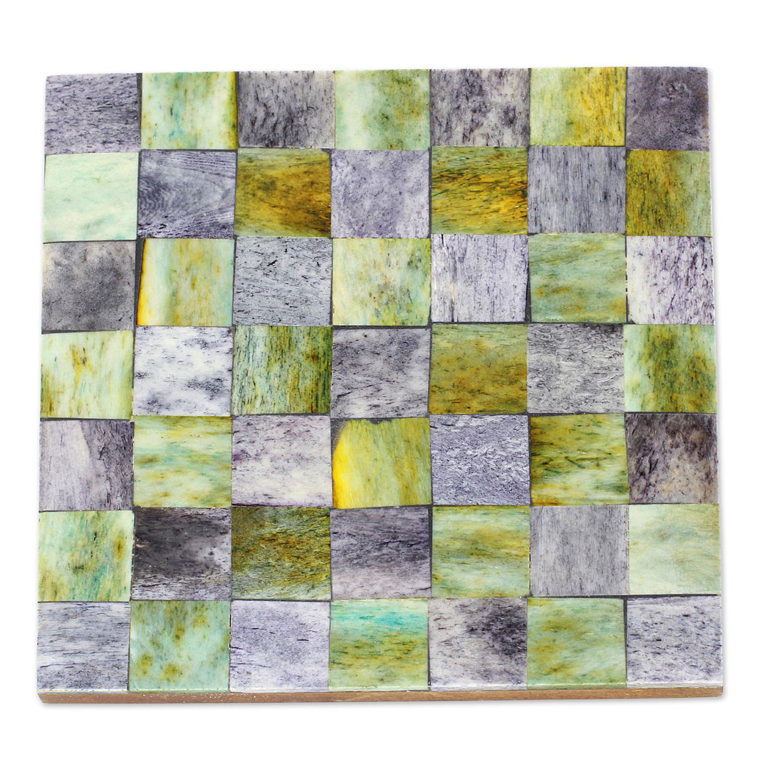 Six Green and Grey Checkerboard Bone Coasters from India - Earthy Checkers