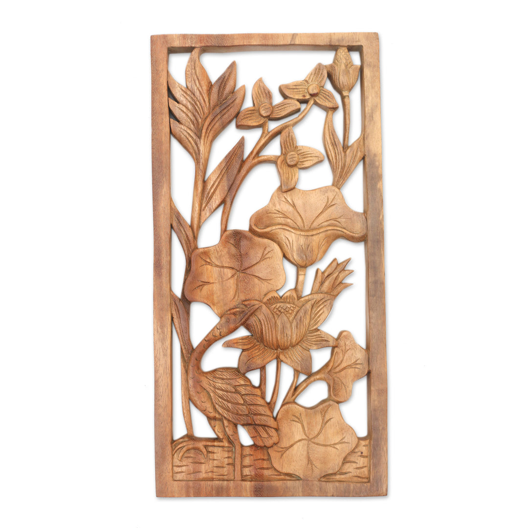 Heron Lilies and Lotus Wall Relief Panel in Hand Carved Wood - Heron Pond