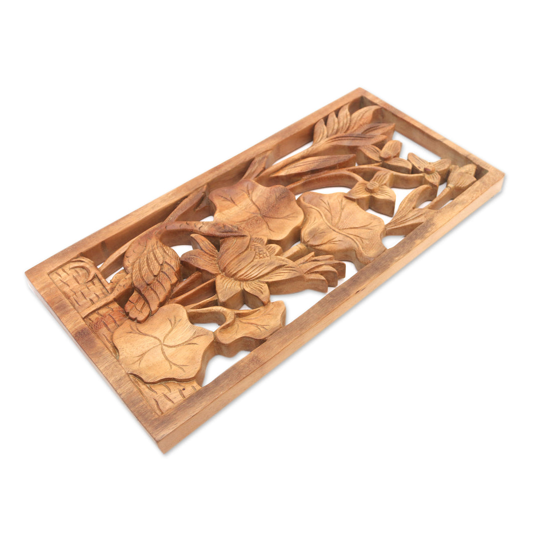 Heron Lilies and Lotus Wall Relief Panel in Hand Carved Wood - Heron Pond