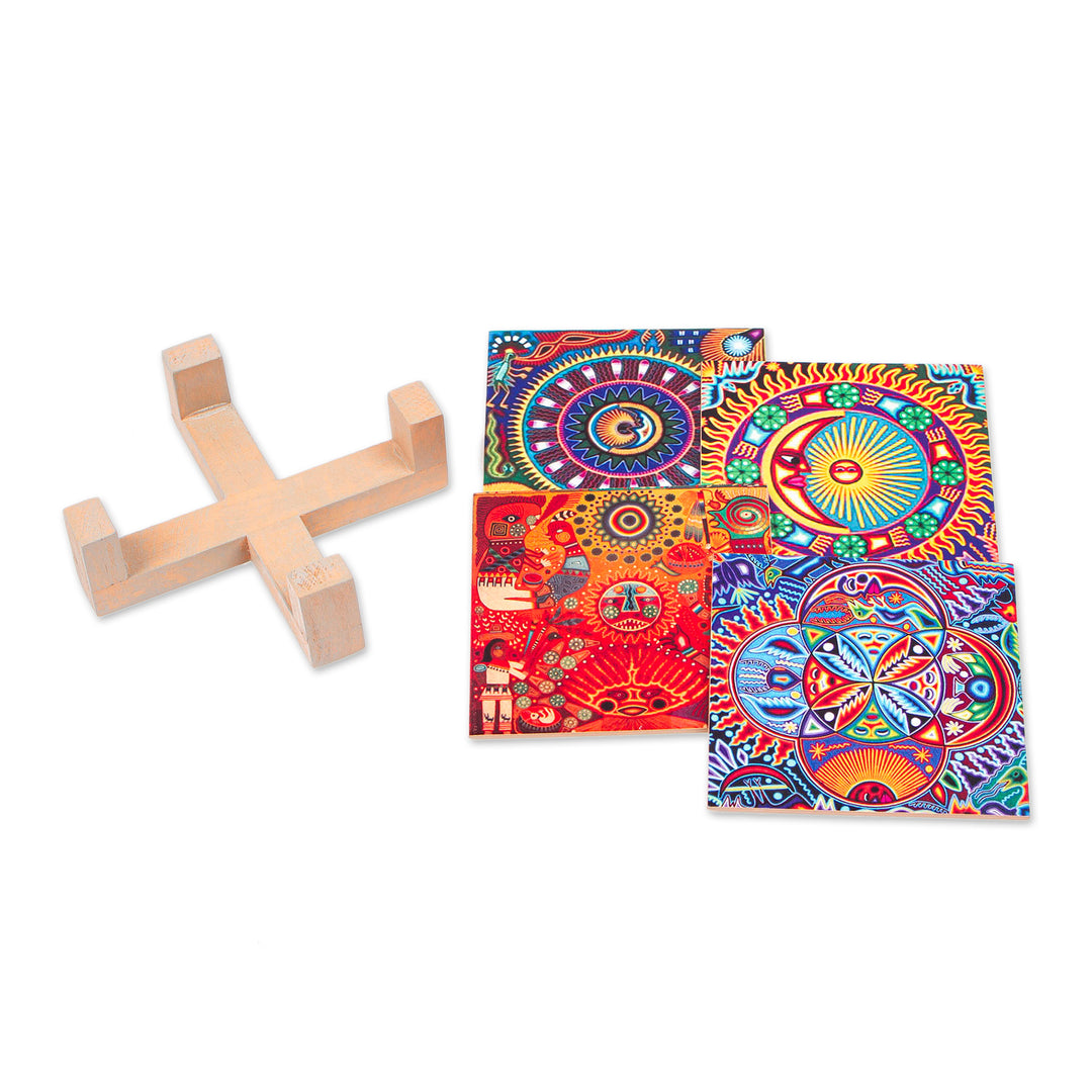 Four Decoupage Pinewood Mexican Sun and Moon Motif Coasters - Huichol Sun and Moon