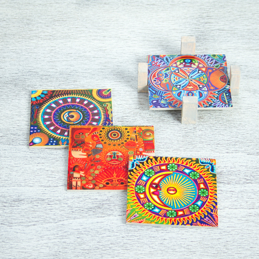 Four Decoupage Pinewood Mexican Sun and Moon Motif Coasters - Huichol Sun and Moon