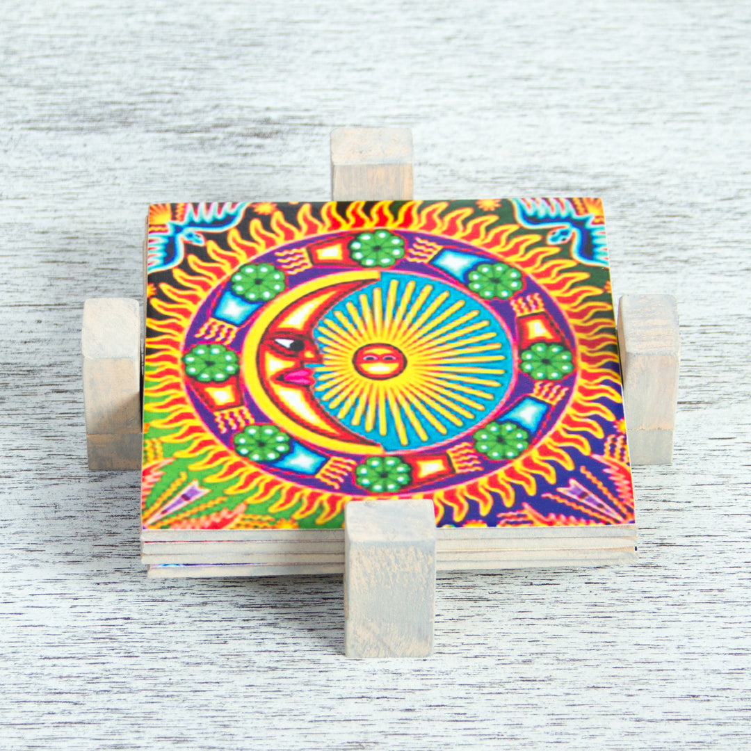 Four Decoupage Pinewood Mexican Sun and Moon Motif Coasters - Huichol Sun and Moon