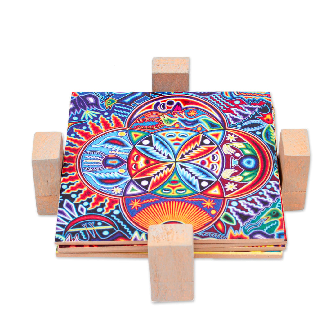 Four Decoupage Pinewood Mexican Sun and Moon Motif Coasters - Huichol Sun and Moon