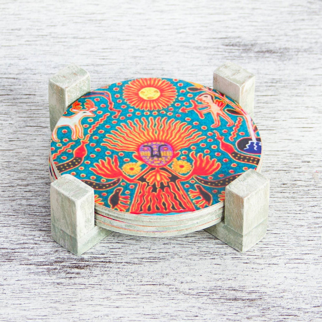 Four Round Multicolored Mexican Pinewood Decoupage Coasters - Round Huichol