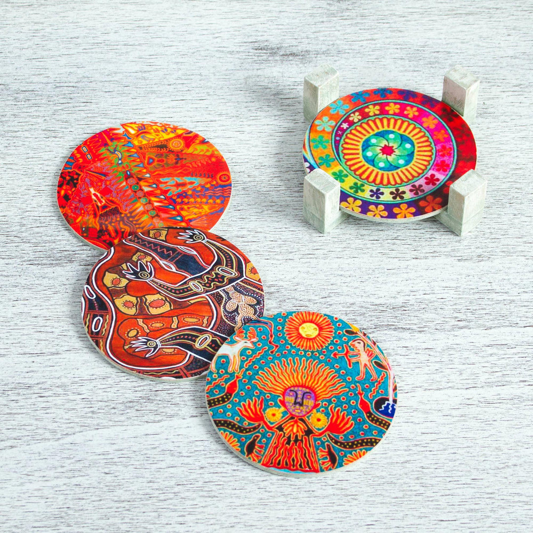 Four Round Multicolored Mexican Pinewood Decoupage Coasters - Round Huichol