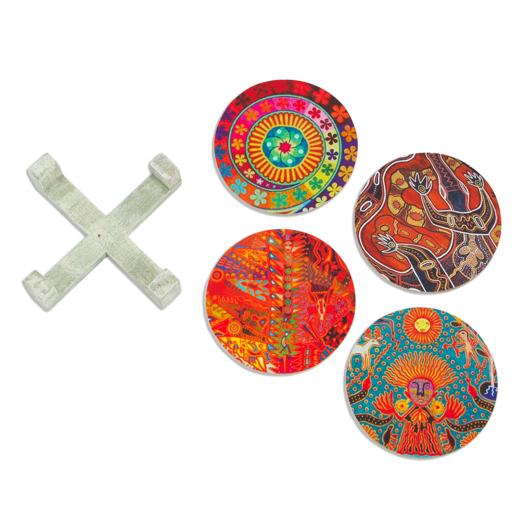 Four Round Multicolored Mexican Pinewood Decoupage Coasters - Round Huichol
