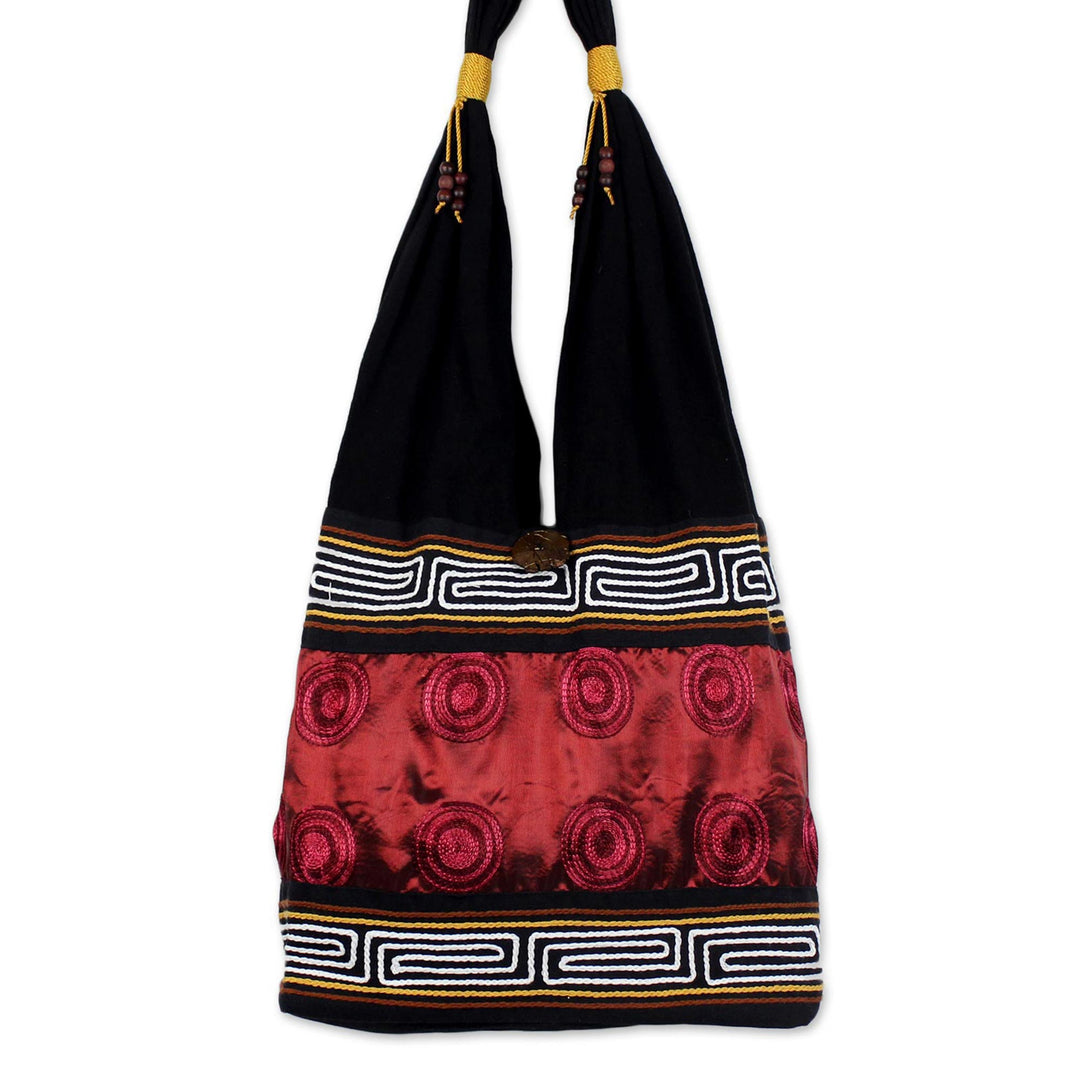 Cotton Thai Style Shoulder Bag in Crimson and Black - Crimson Wine