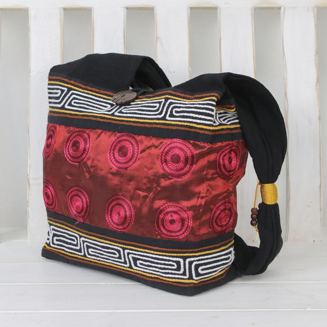 Cotton Thai Style Shoulder Bag in Crimson and Black - Crimson Wine
