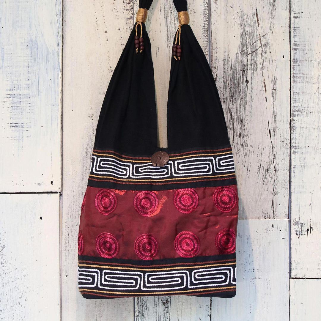 Cotton Thai Style Shoulder Bag in Crimson and Black - Crimson Wine