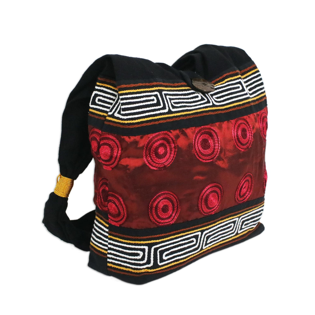 Cotton Thai Style Shoulder Bag in Crimson and Black - Crimson Wine