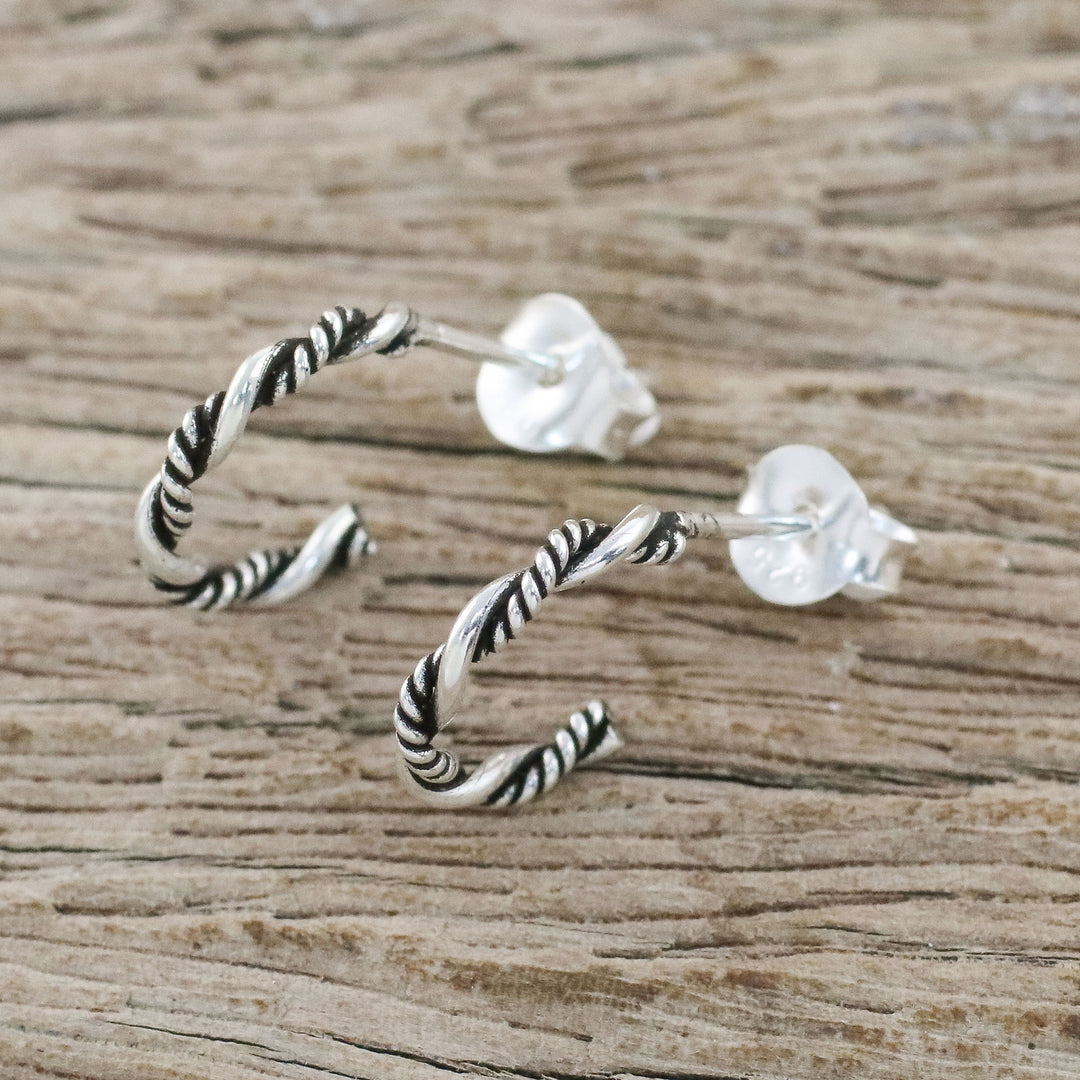 Sterling Silver Half Hoop Earrings with a Combination Finish - Light and Dark