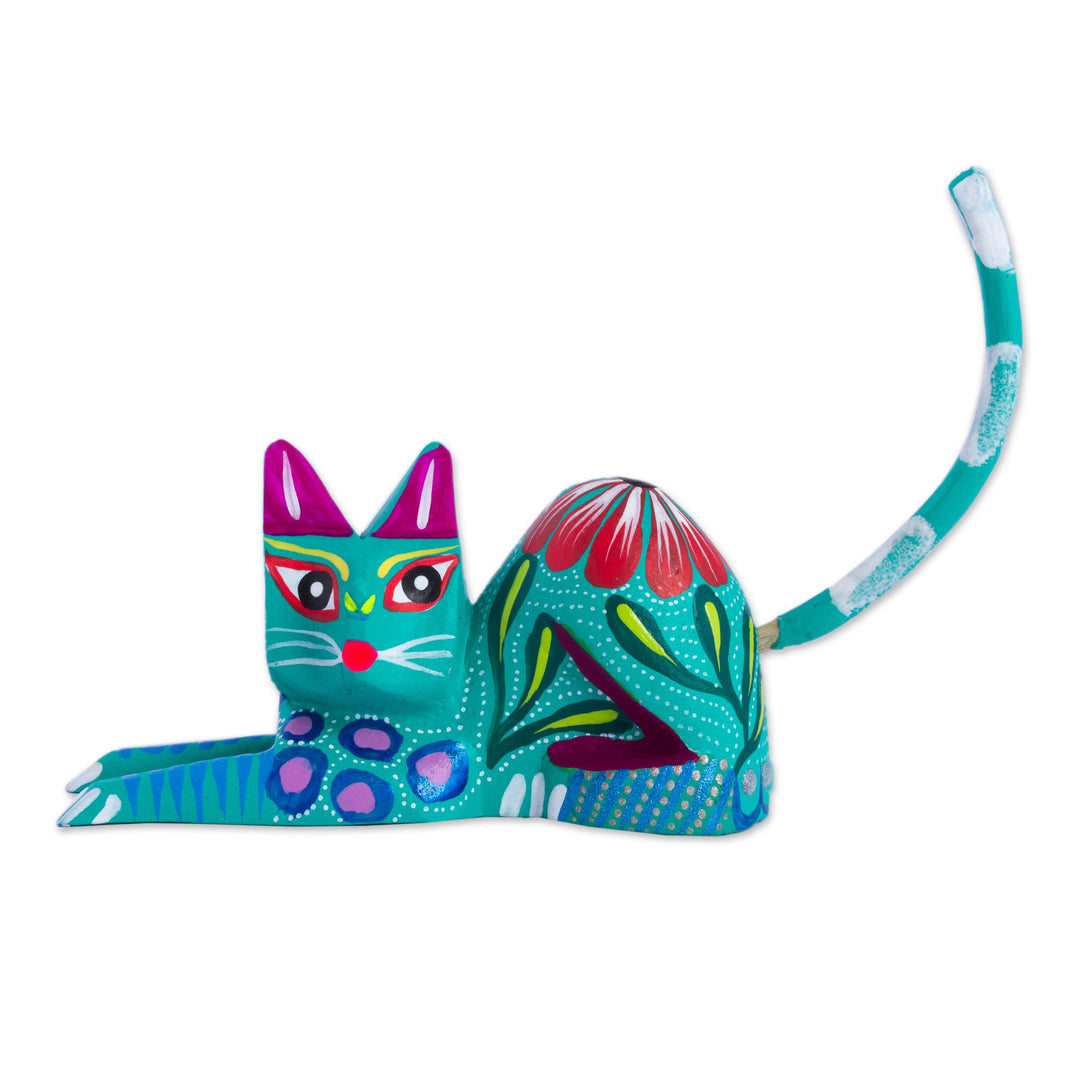 Copal Wood Alebrije Cat Sculpture in Teal from Mexico - Excited Cat in Teal