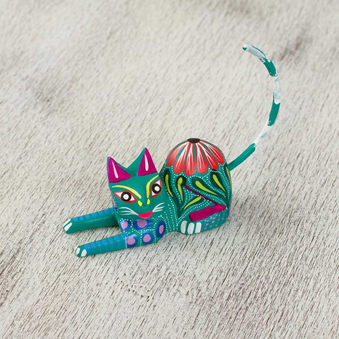 Copal Wood Alebrije Cat Sculpture in Teal from Mexico - Excited Cat in Teal