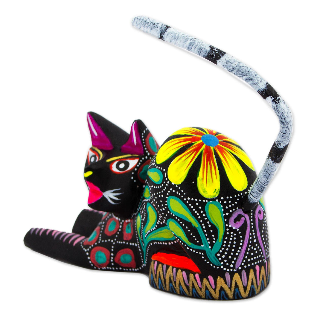 Copal Wood Floral Alebrije Black Cat Sculpture from Mexico - Excited Black Cat