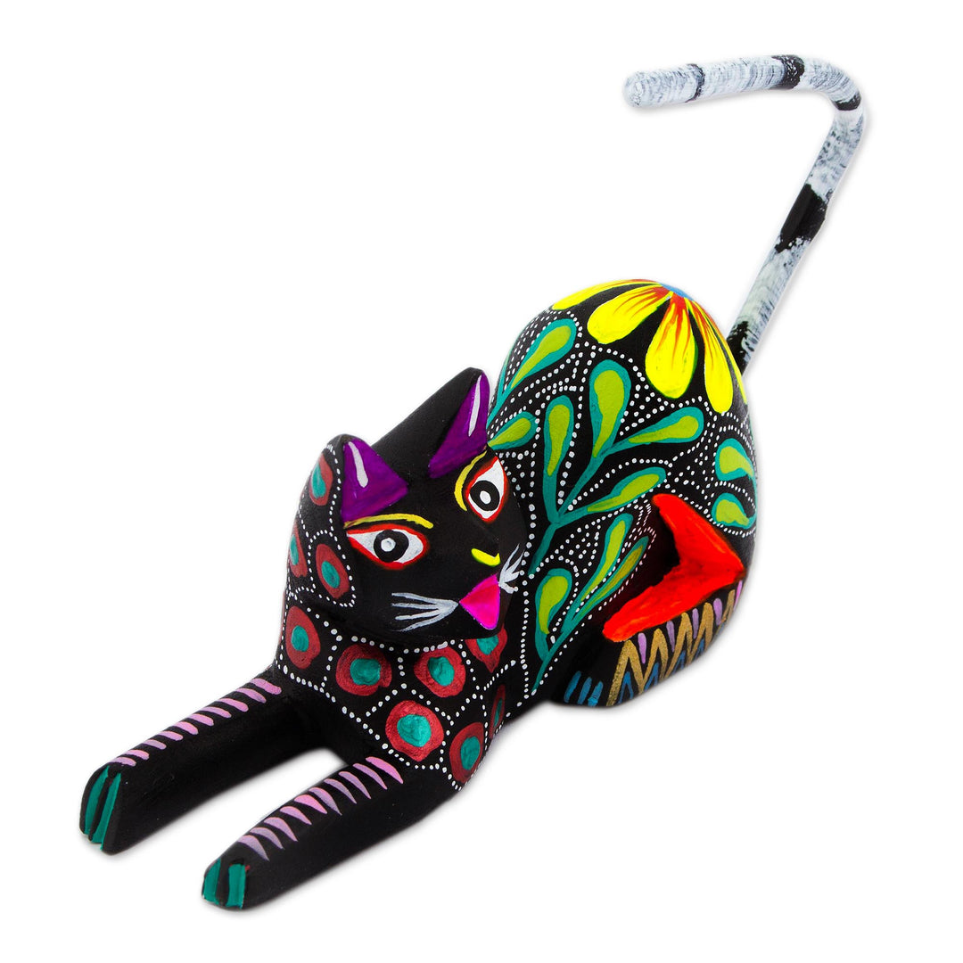 Copal Wood Floral Alebrije Black Cat Sculpture from Mexico - Excited Black Cat