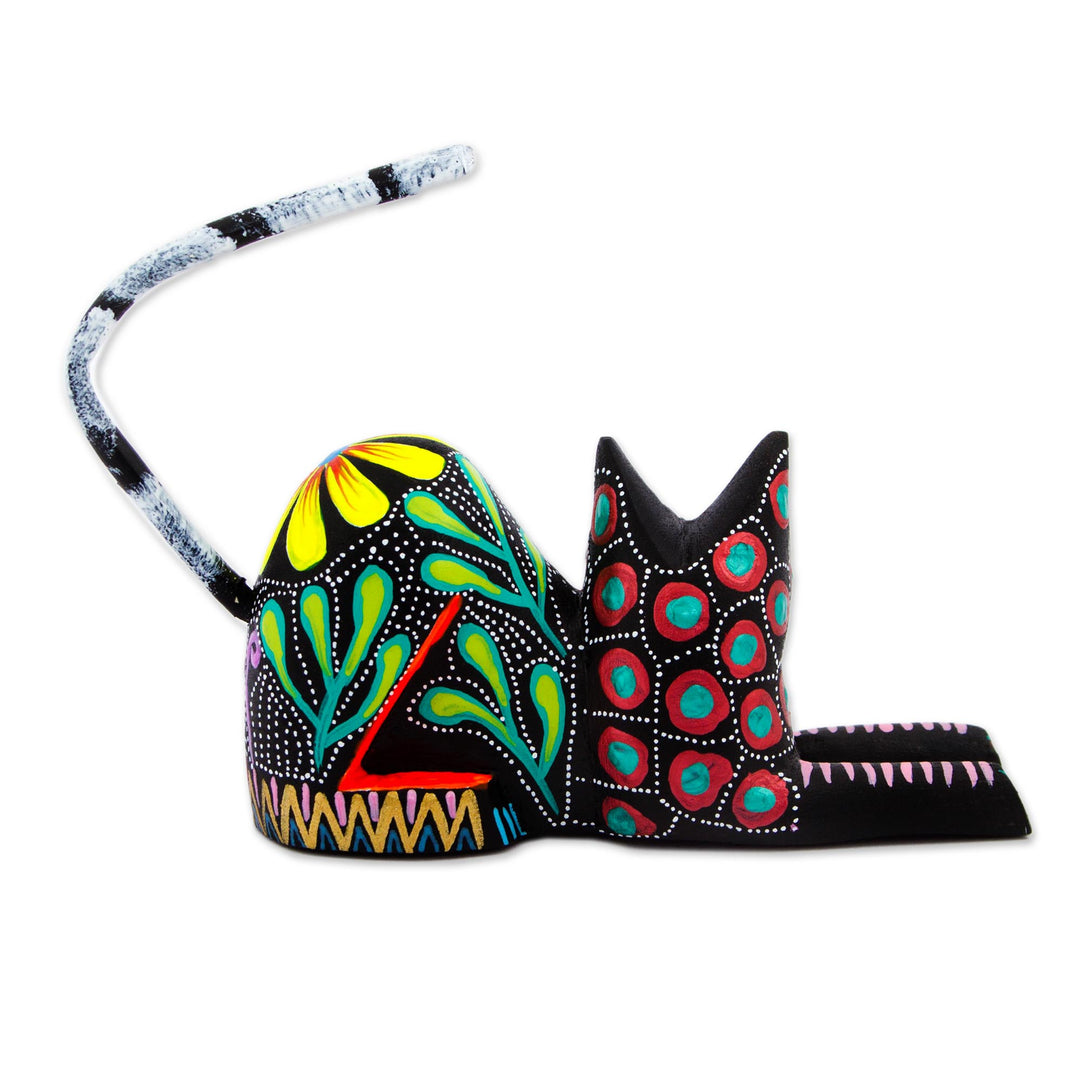Copal Wood Floral Alebrije Black Cat Sculpture from Mexico - Excited Black Cat