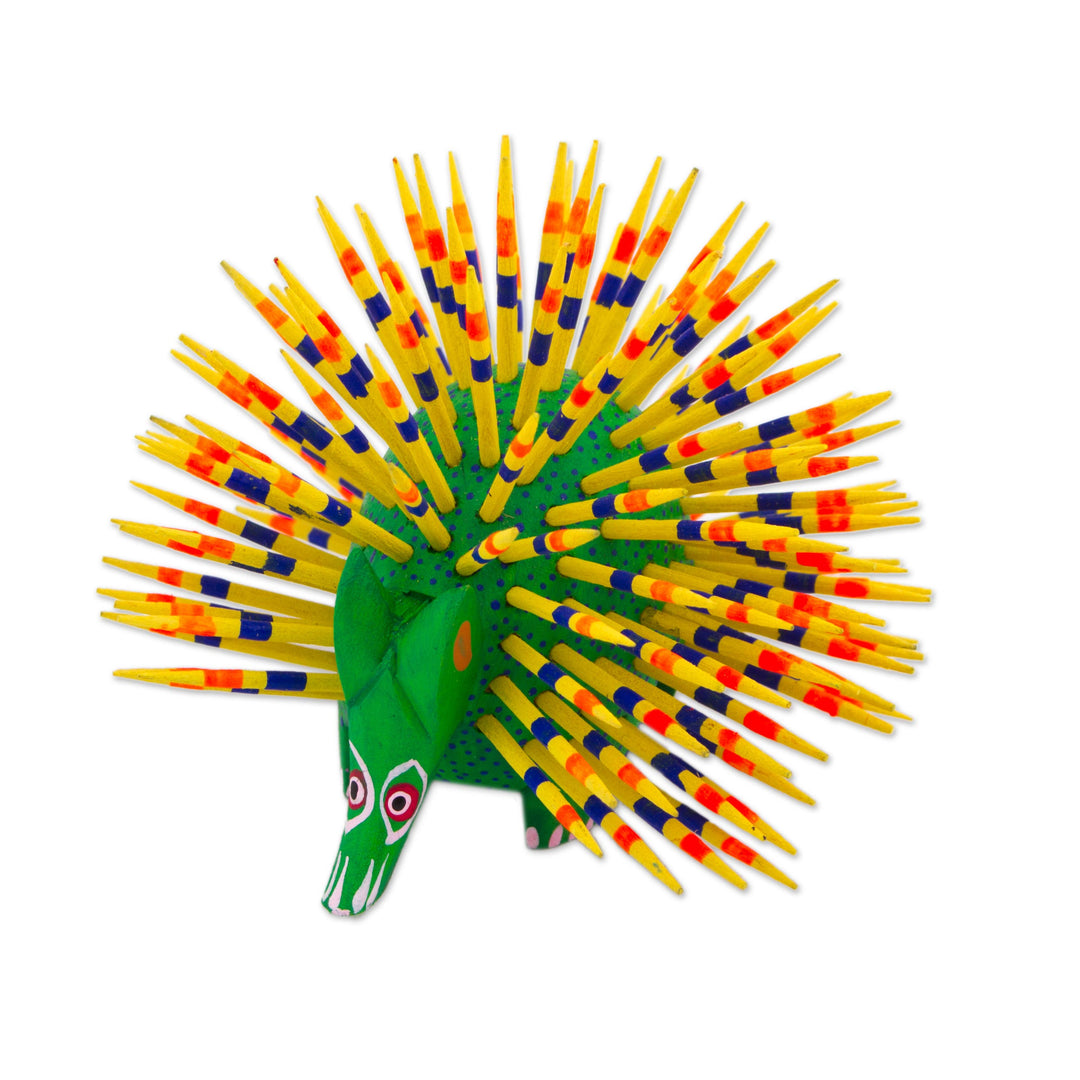 Yellow and Green Copal Wood Alebrije Porcupine Sculpture - Cute Porcupine