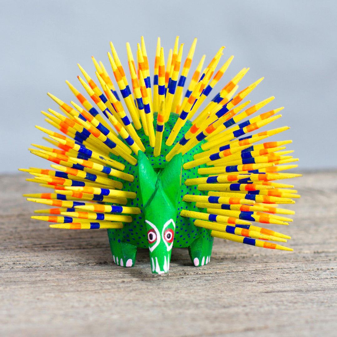 Yellow and Green Copal Wood Alebrije Porcupine Sculpture - Cute Porcupine