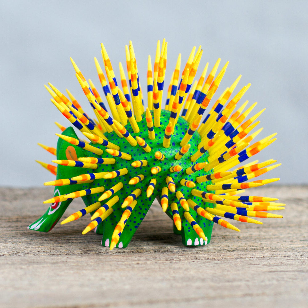 Yellow and Green Copal Wood Alebrije Porcupine Sculpture - Cute Porcupine