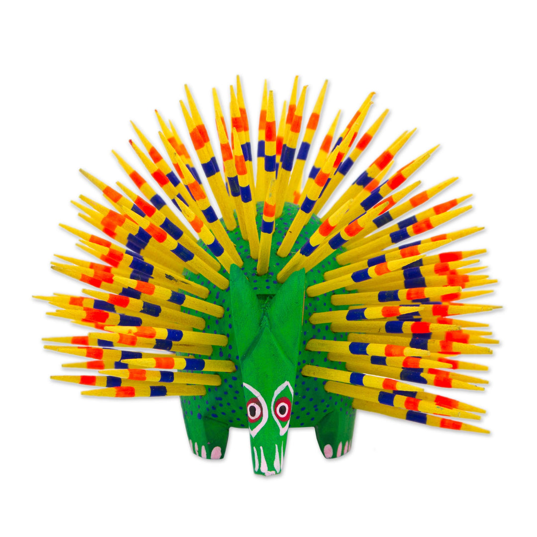 Yellow and Green Copal Wood Alebrije Porcupine Sculpture - Cute Porcupine