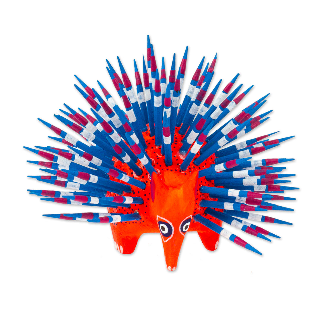 Copal Wood Alebrije Porcupine Sculpture in Red and Blue - Cute Porcupine in Red