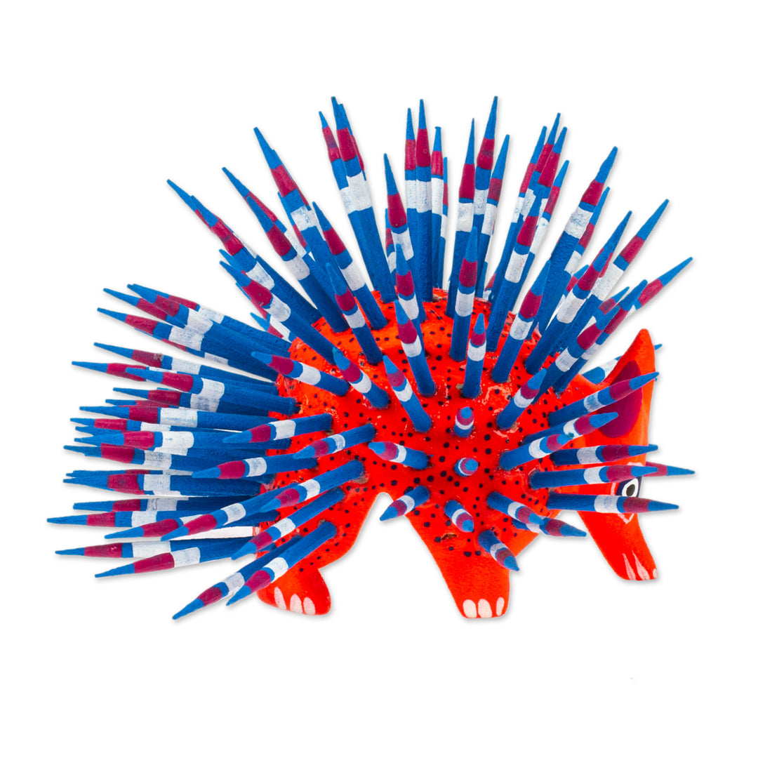 Copal Wood Alebrije Porcupine Sculpture in Red and Blue - Cute Porcupine in Red