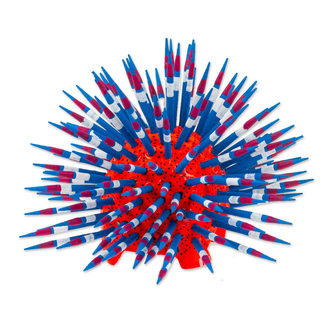 Copal Wood Alebrije Porcupine Sculpture in Red and Blue - Cute Porcupine in Red