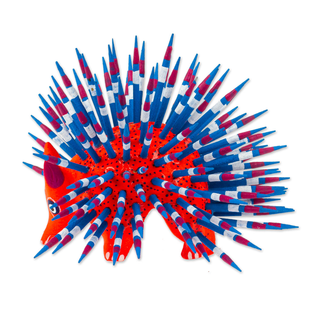 Copal Wood Alebrije Porcupine Sculpture in Red and Blue - Cute Porcupine in Red