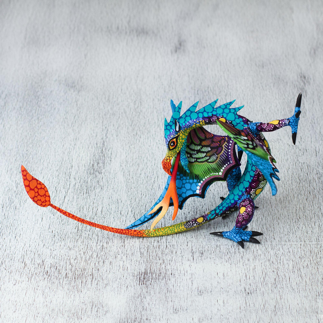 Copal Wood Alebrije Sculpture of Dragon in Blue from Mexico - Mexican Dragon in Blue