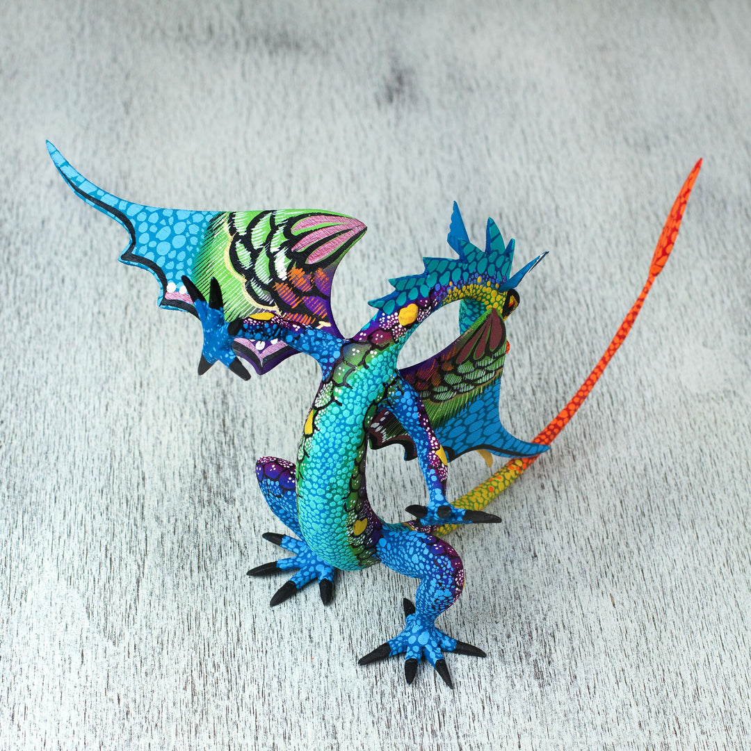 Copal Wood Alebrije Sculpture of Dragon in Blue from Mexico - Mexican Dragon in Blue