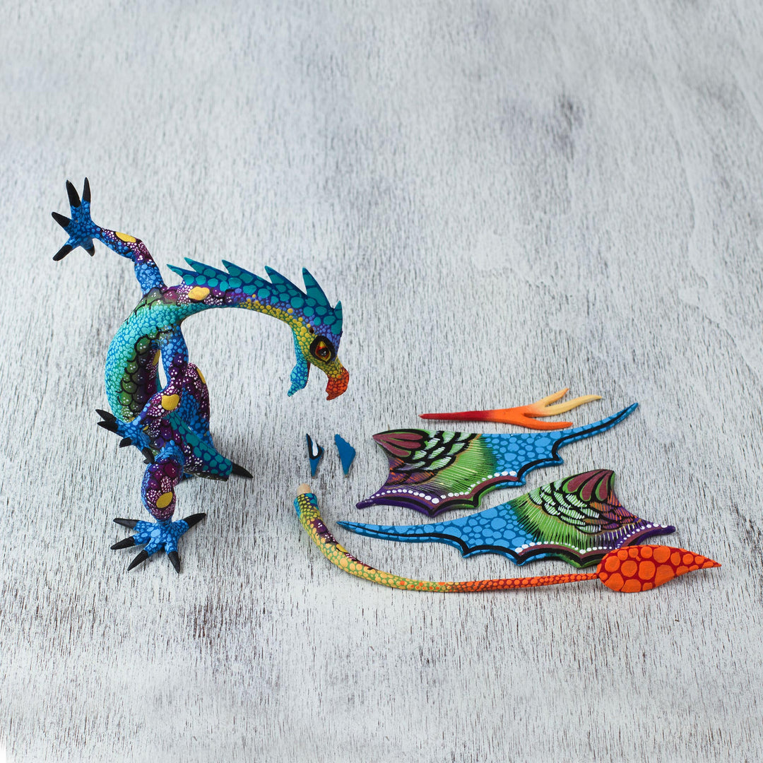 Copal Wood Alebrije Sculpture of Dragon in Blue from Mexico - Mexican Dragon in Blue