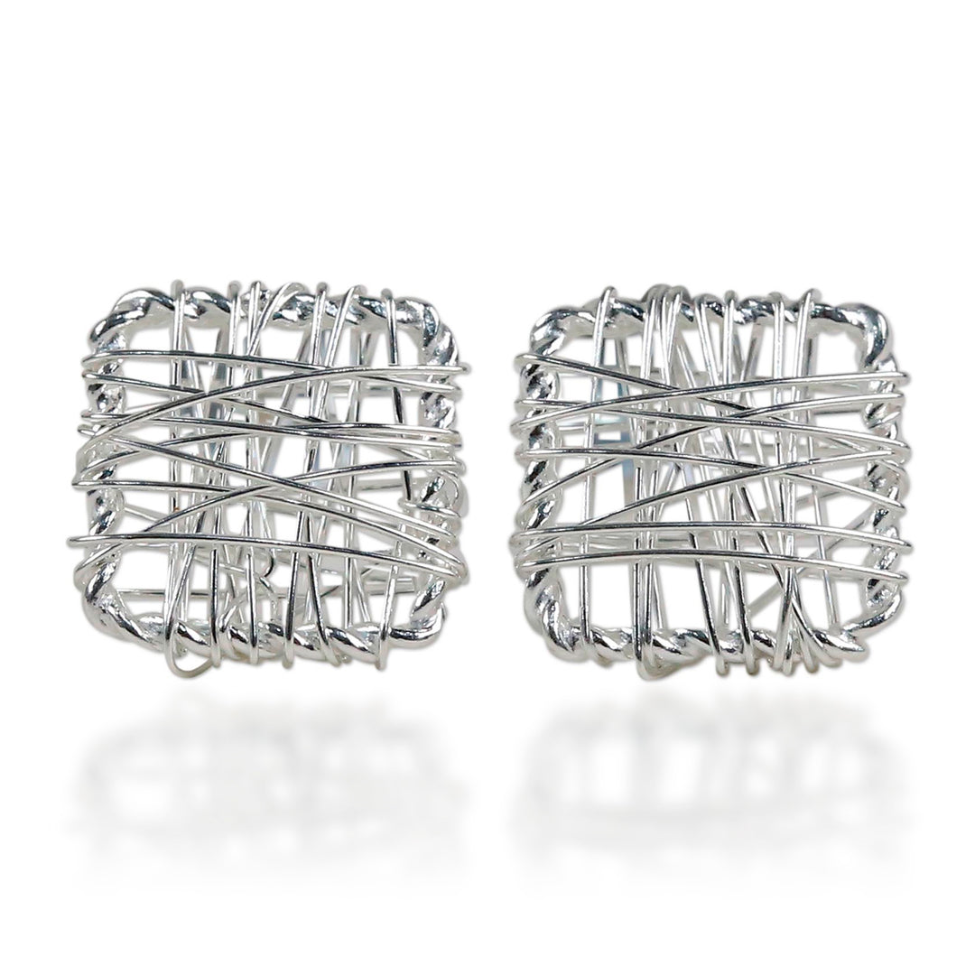 Sterling Silver Wrap Square Stud Earrings Made in Thailand - Crisscross Square