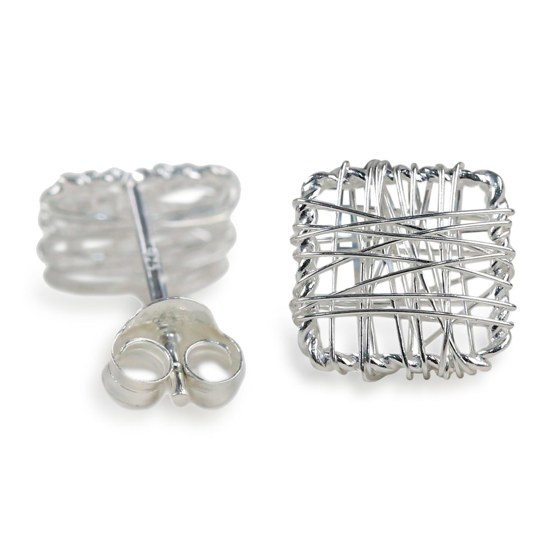 Sterling Silver Wrap Square Stud Earrings Made in Thailand - Crisscross Square